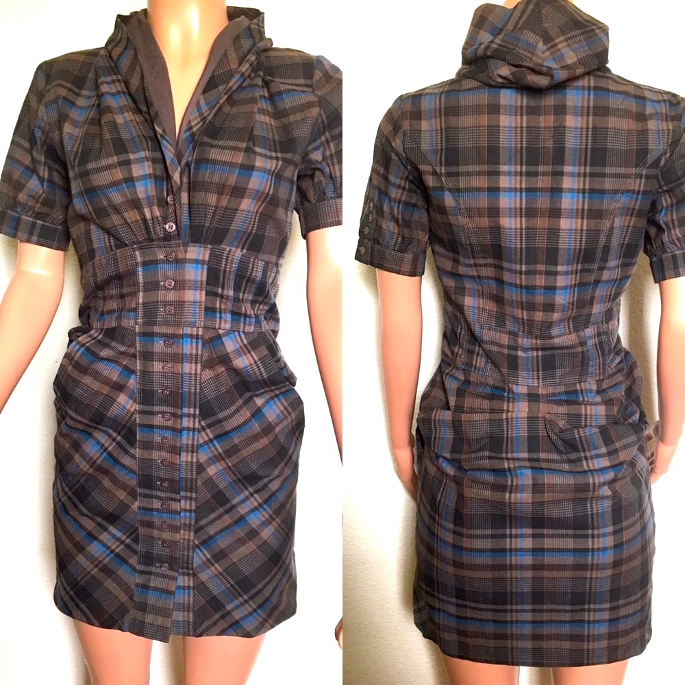 NWT Plaid Cotton Hooded Button Shirt Pockets Dress